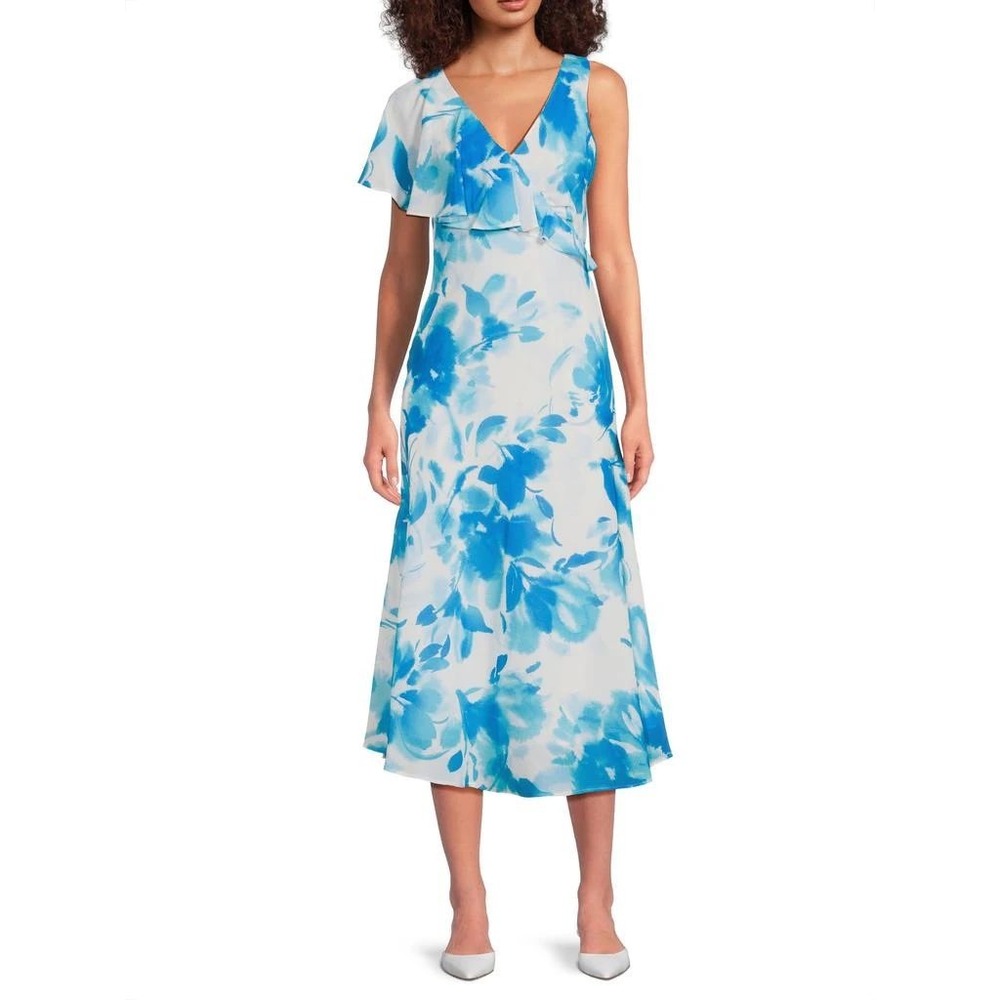 Halston Blue White Floral Ruffle Asymmetric Midi Dress‎ Size 2 NWT